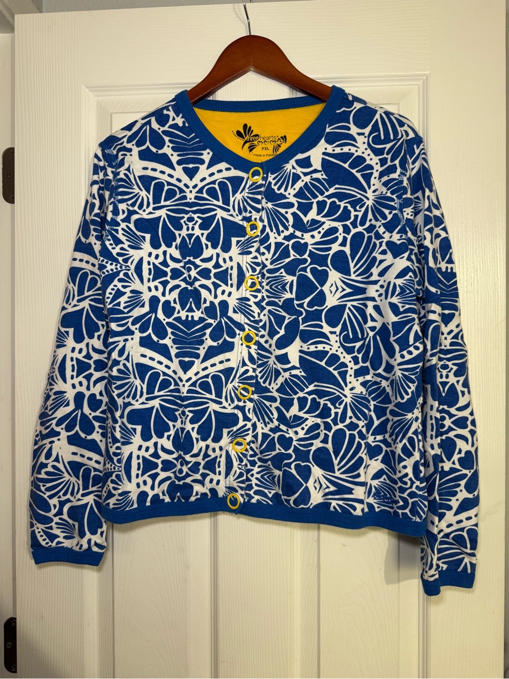 Three Hearts Floral Button Cardigan Sweater PXL Petite Blue White Cotton Knit